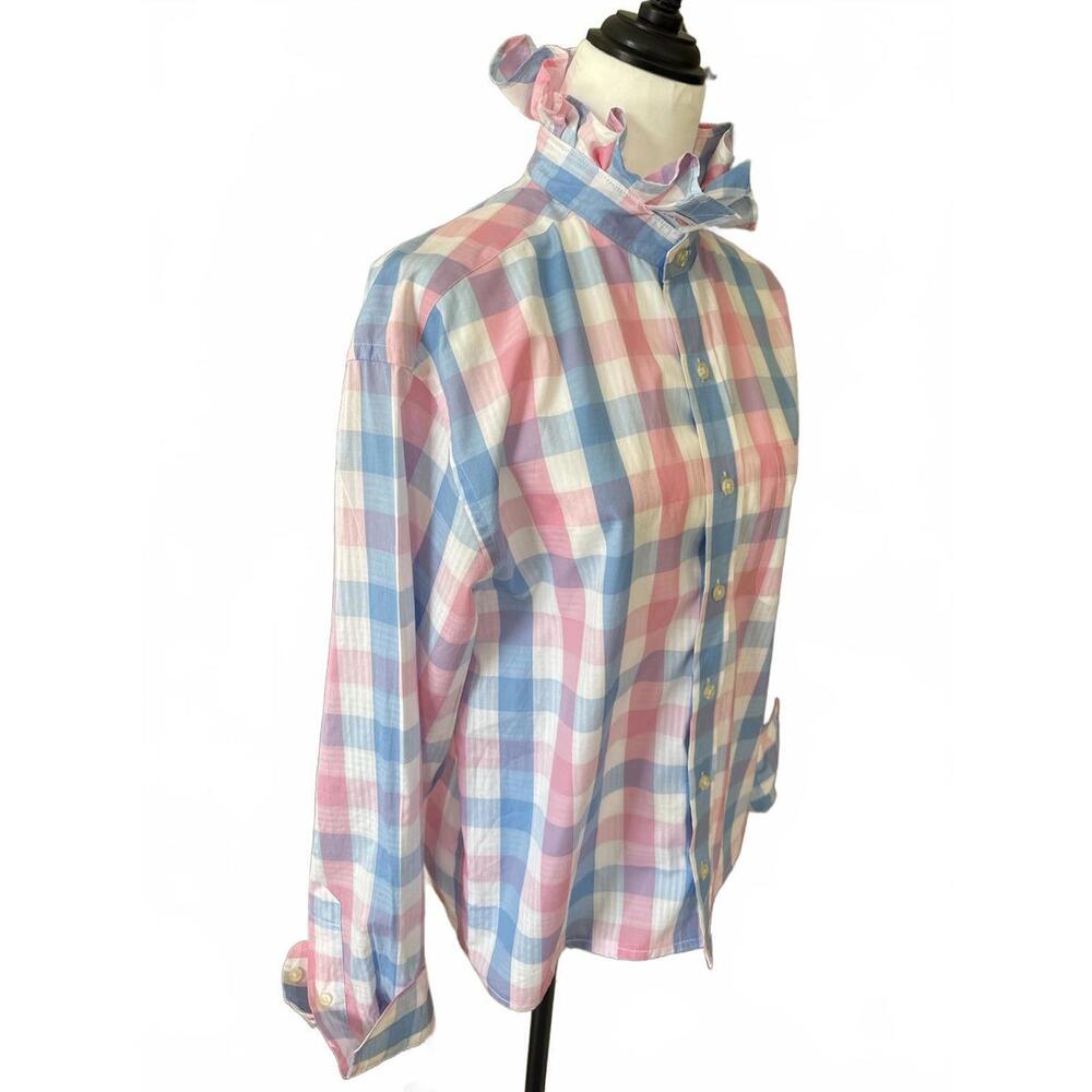 Upcycled Vineyard Vines Pastel Pink and Blue Plaid Button-Up with Ruffled Collar - Picture 2 of 8